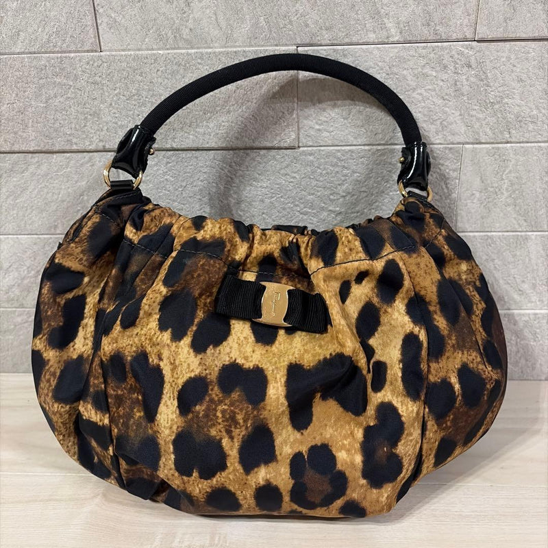 Salvatore Ferragamo Vara Leather Leopard Animal Print Womens Handbag