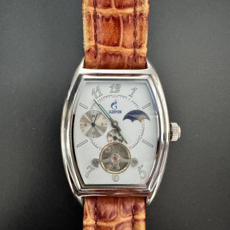 Gazprom Automatic Watch Tonneau Case Moonphase Open Heart 24-Hour White Leather