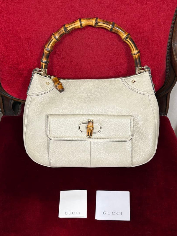 GUCCI Bamboo Leather 2way Shoulder Bag White Gold H23 W33 D11cm 001 2113 1638