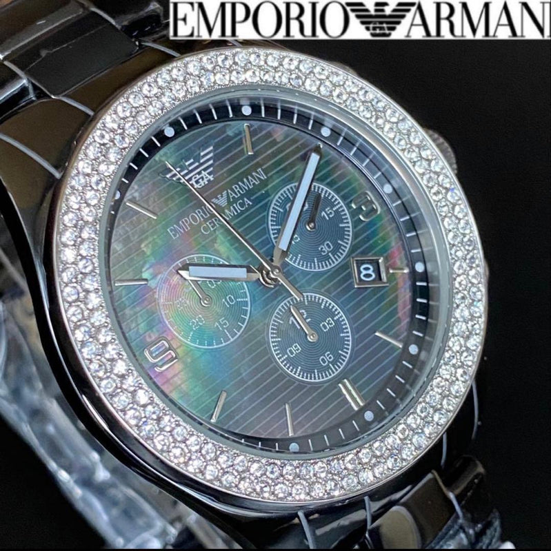 EMPORIO ARMANI AR-1455 Mens Quartz Watch 43mm Ceramic Grey Black MOP Dial