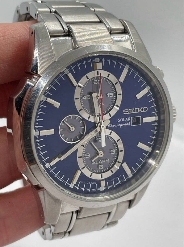 SEIKO Stainless Steel Solar Chronograph Alarm Blue Dial Watch V172 40mm 100m WR