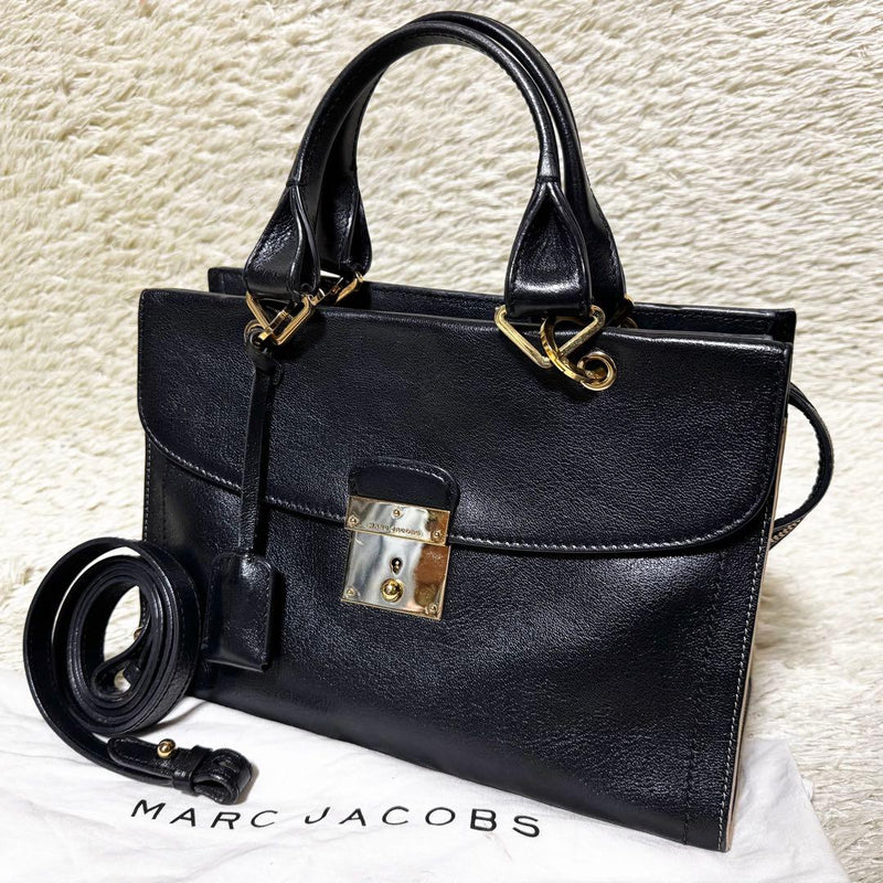 MARC JACOBS 2-Way Flap Business Tote Bag Black Leather 10.8in W Gold Hardware