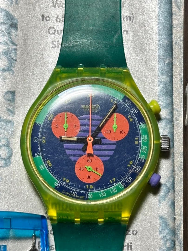 Swatch Grand Prix Watch Quartz Chronograph 1990 Neon Yellow Clear Blue Dial