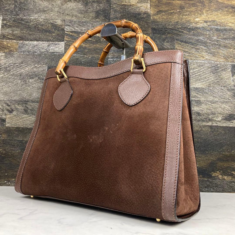 GUCCI Womens Bamboo Handle Tote Bag Leather Suede Brown W34 H28 D14cm Gold