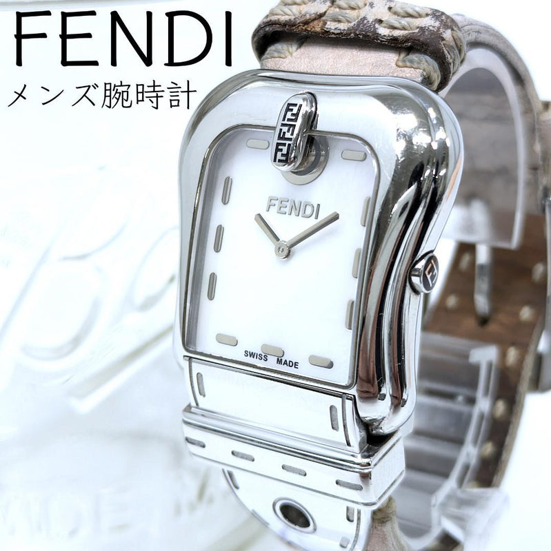 FENDI Mens Quartz Wristwatch Shell Dial Silver Tone Case 33x37mm Pink Strap