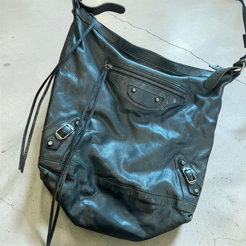 Balenciaga Mens City Editors Shoulder Bag Black Cracked Leather W40cm H35cm