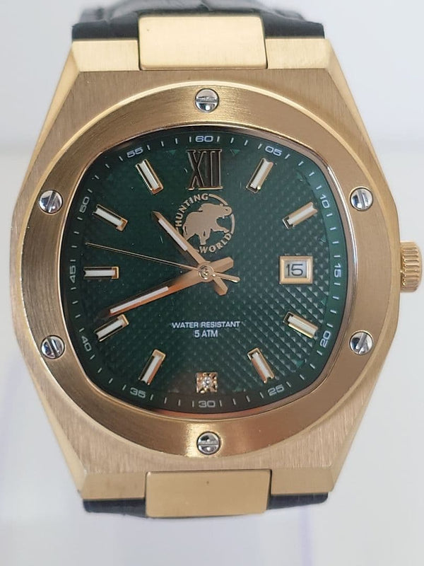Hunting World HW999 Quartz Mens Watch Gold Plated Case 40mm Leather Band