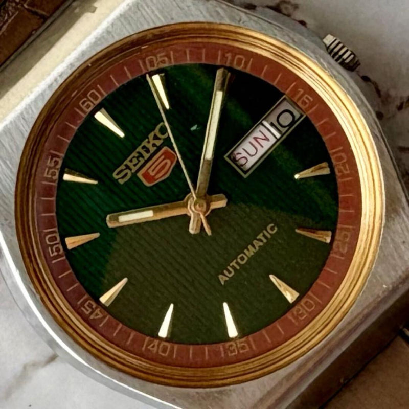 Seiko Overhauled Automatic Day-Date Watch 36.2mm Stainless Steel Green Brown