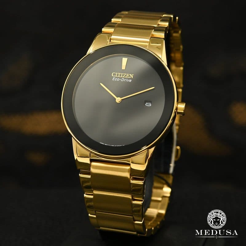 Citizen Axiom AU1062-56E Eco-Drive Solar Gold Tone 40mm Black Dial Date Watch