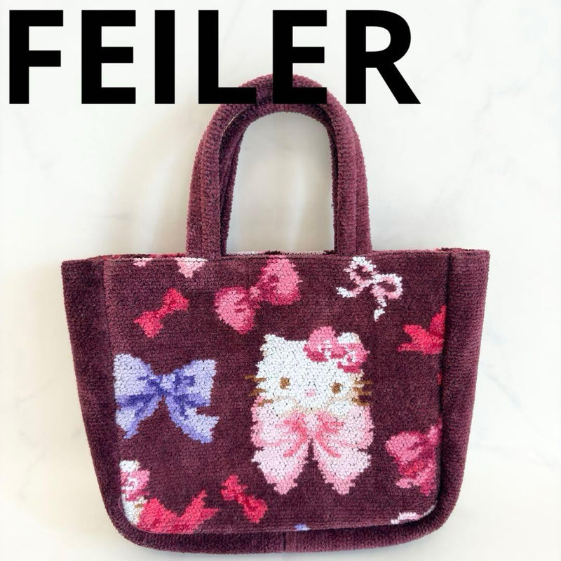 FEILER Hello Kitty Mini Tote Bag Bordeaux Ribbon Chenille 23x15x6cm 2 Pockets