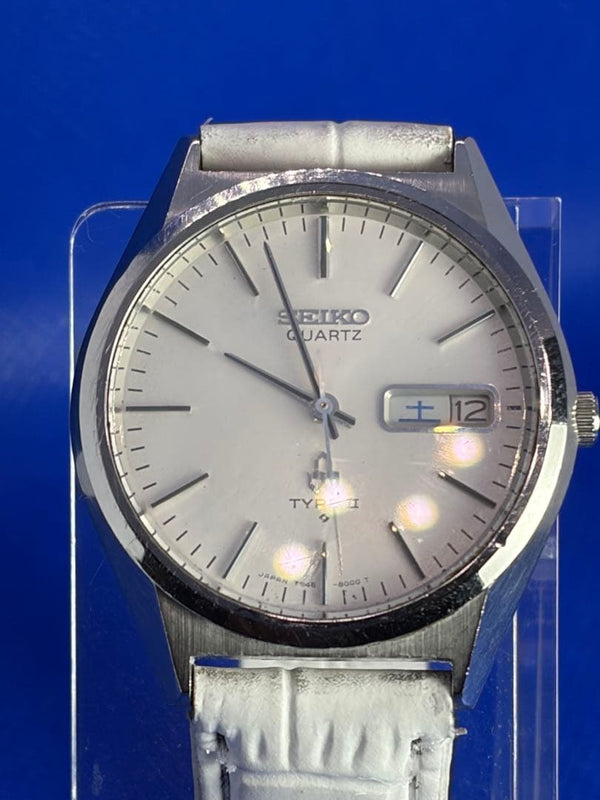 SEIKO TYPE II 7546-8000 Quartz Stainless Steel White Dial White Leather Band