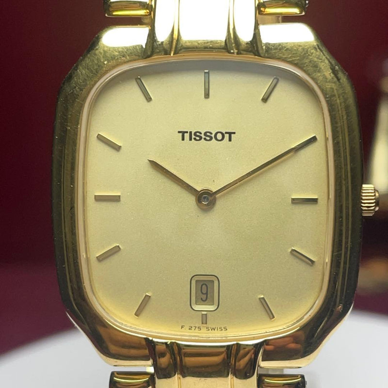 TISSOT Quartz 30mm Gold Plated SS Gold Dial Bracelet Sapphire Date 1990s Swiss
