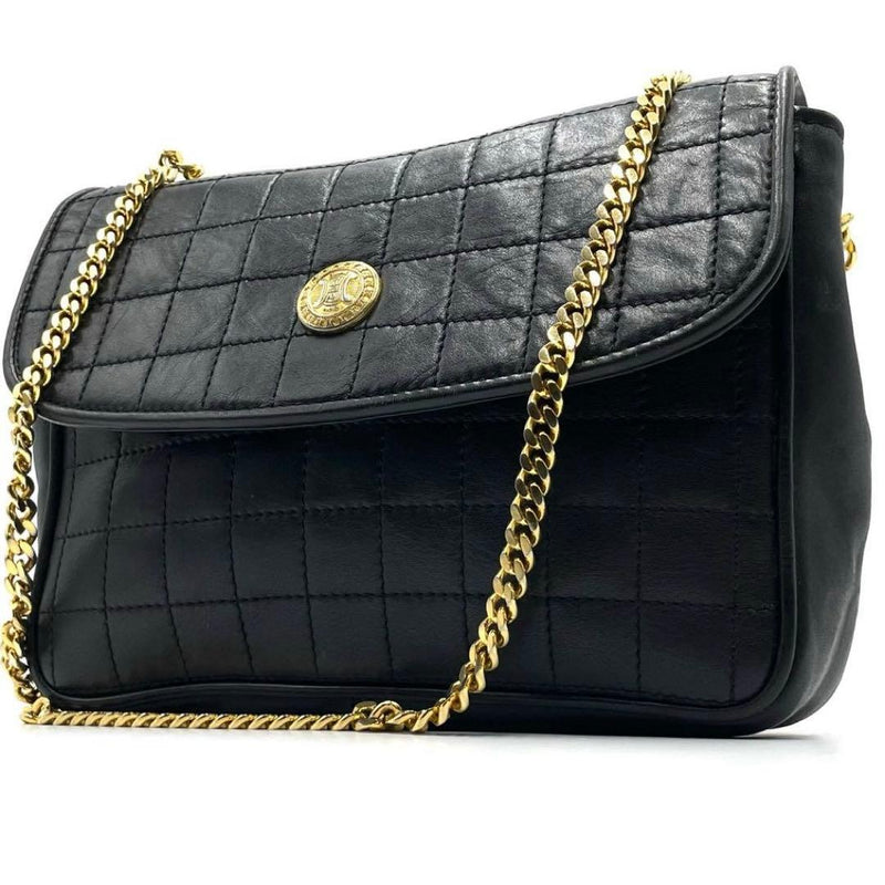 CELINE Black Leather Quilted Gold Chain Triomphe Logo Shoulder Bag 20cm W