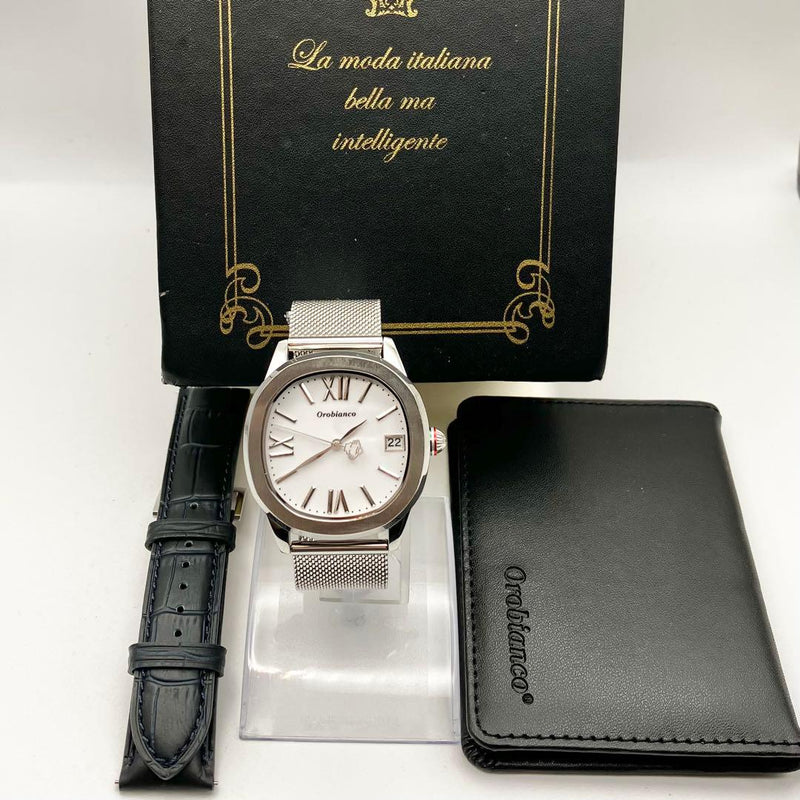 Orobianco Watch Quartz White Dial Mesh Belt Mens Square Silver Date