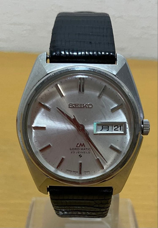 Seiko Lord Matic LM 5606-7000 Automatic 23J Day Date Silver Dial Leather Band