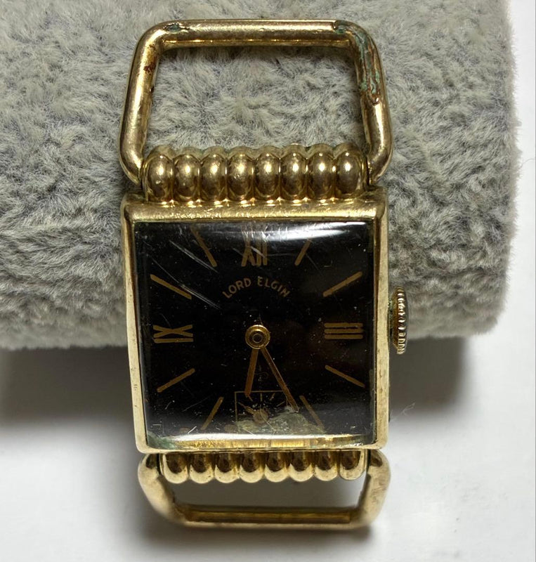 LORD ELGIN Hand-Wound 14K Gold Filled Black Dial Small Seconds Square Case Watch