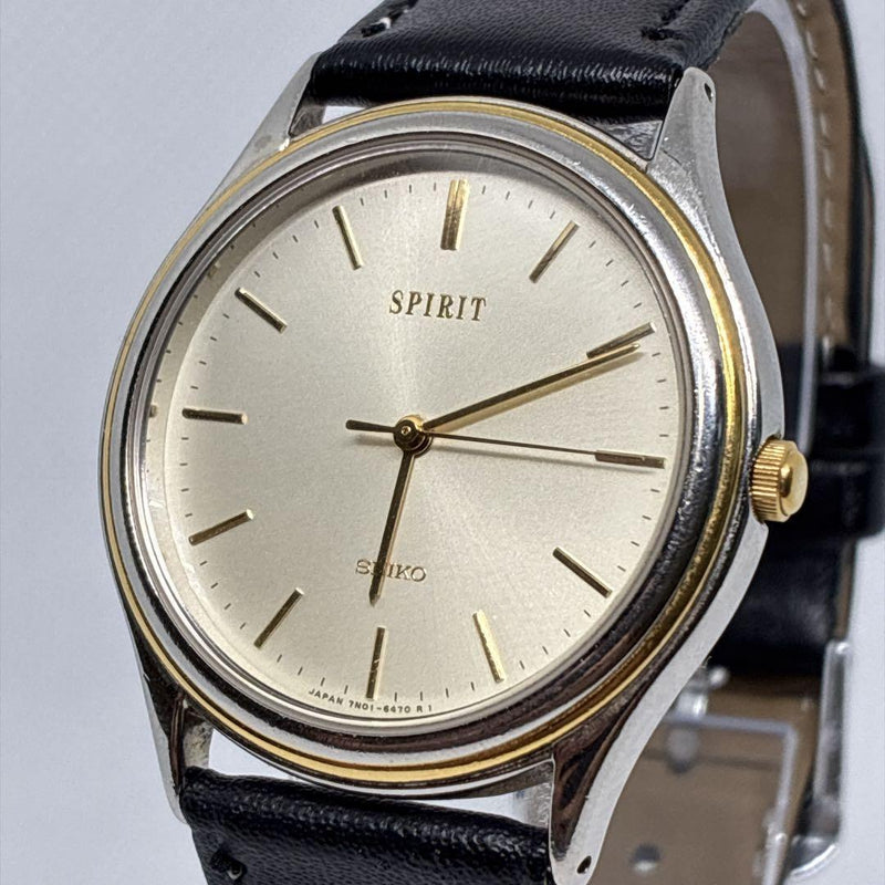 Seiko Spirit 7N01-6370 Quartz Stainless Steel 32mm Gold Dial Black Leather Watch