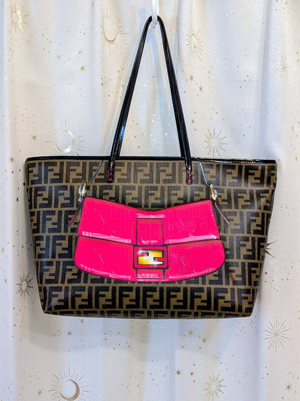 FENDI Zucca Pattern Baguette Motif Print Tote Bag Brown Pink H26 W36-46 D14cm