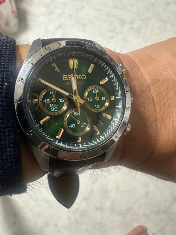 SEIKO SBTR017 Spirit Quartz Chronograph Green Dial Gold Index Leather Strap