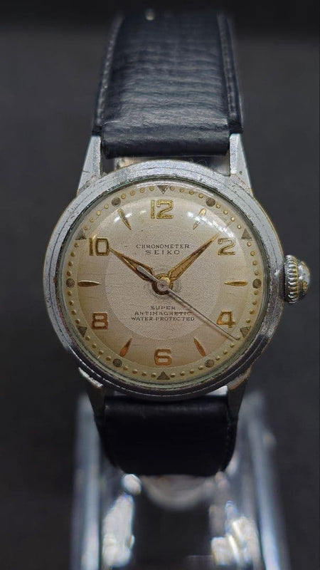SEIKO Super Manual Stainless Steel Silver Dial Black Leather Watch 1950s