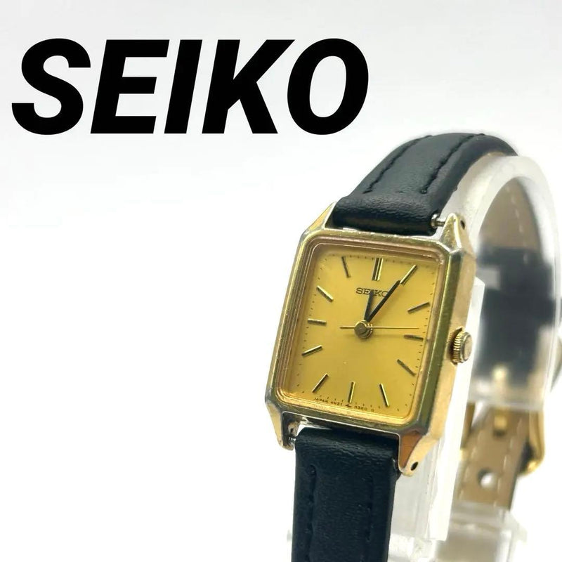 SEIKO Quartz Square Gold Tone Case 18.5mm Gold Dial Aftermarket Leather Band