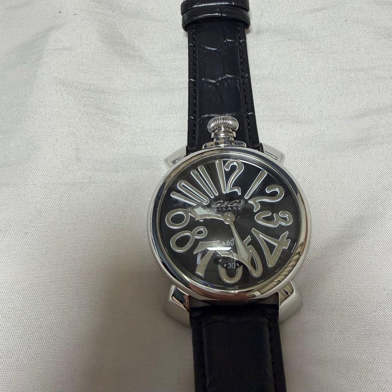 GaGa MILANO Manuale 48mm Skeleton Black Dial Silver Case 24mm Leather Watch