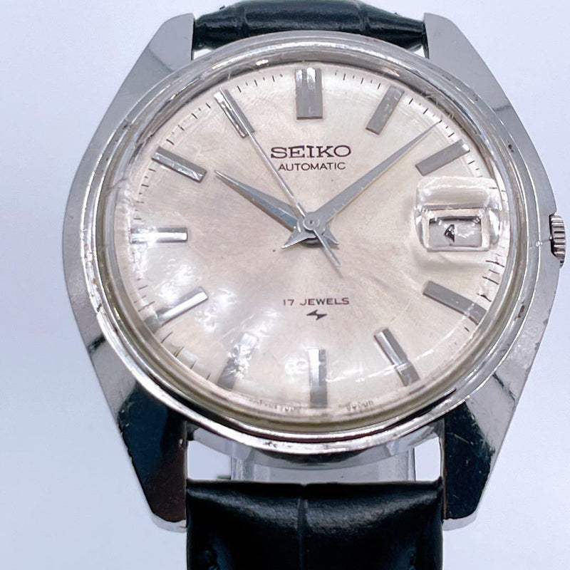 SEIKO 7005-8000 Automatic Watch 1970 37mm Silver Dial Black Leather Date