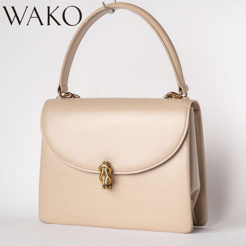 Ginza WAKO Formal Calf Leather Handbag Beige Gold Hardware 16cm H 22cm W 6cm D