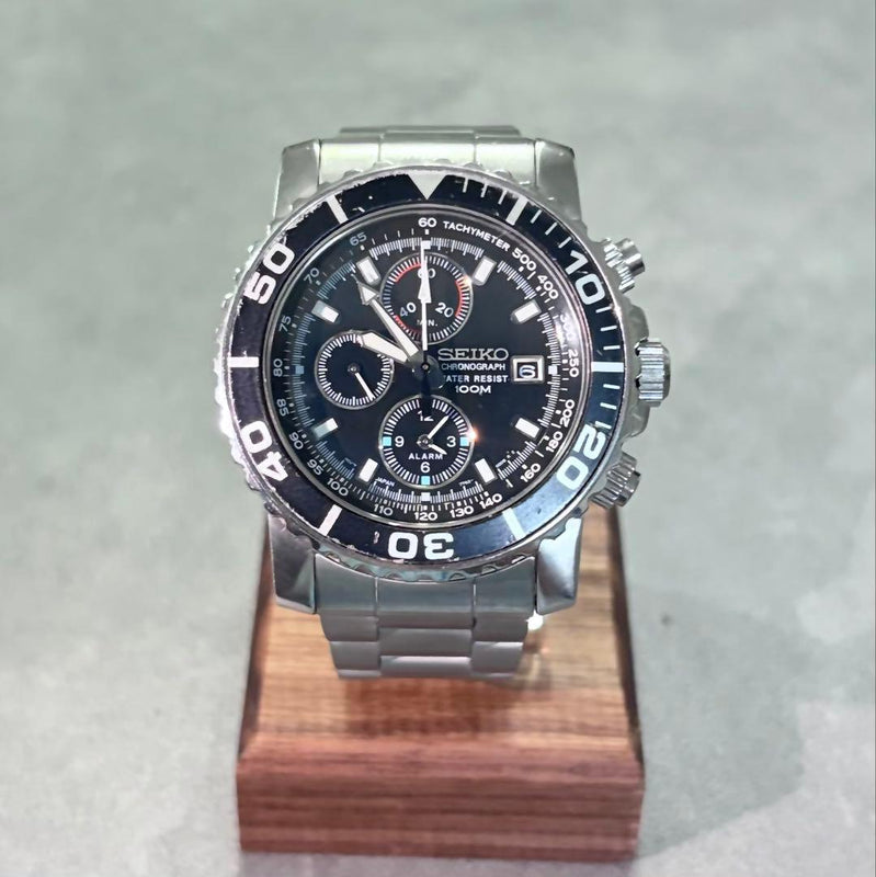 SEIKO SNA225P1 7T62-0CV0 Quartz Chrono Alarm Date 100m WR Black Dial SS