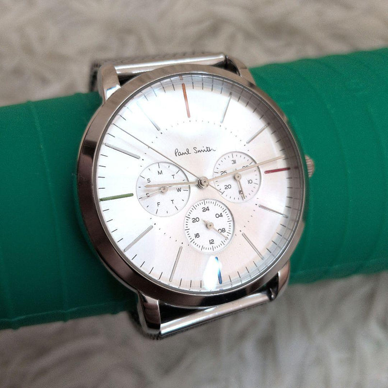 Paul Smith Mens Day-Date Calendar Quartz Movement Watch Silver Dial Mesh Band
