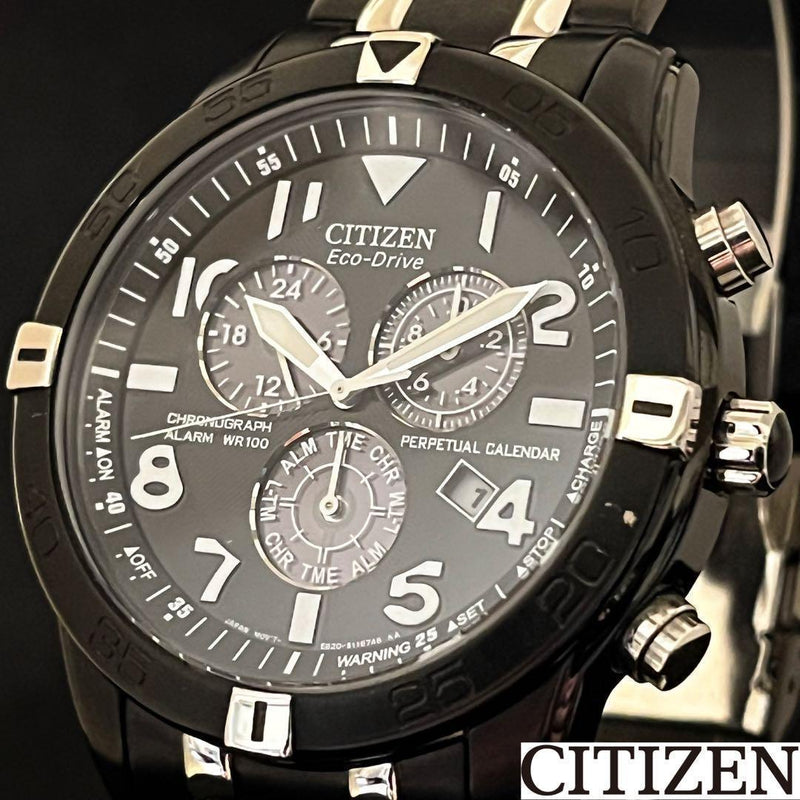 CITIZEN E820 Eco-Drive Solar Chronograph 44mm Black Dial 100M WR Mens Watch