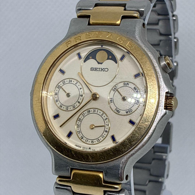 Seiko Presage 7F38-6040 Quartz SS 35.2mm Ivory Moonphase Watch 1987 Non-Working