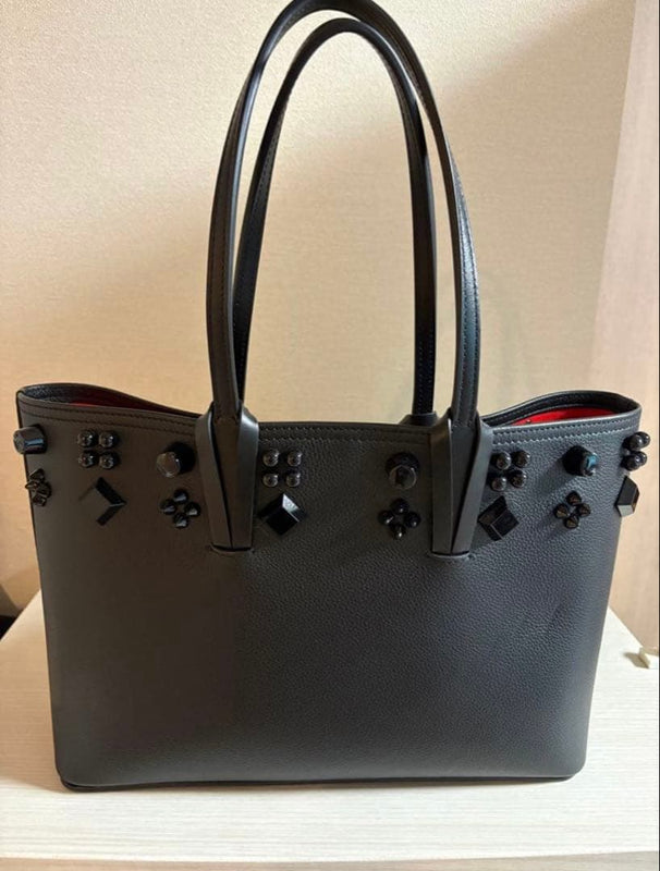Christian Louboutin Cabata Studded Tote Bag Black Leather Pouch Calf Red