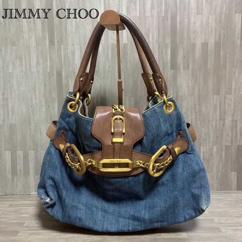 JIMMY CHOO Handbag Blue Denim Brown Leather Gold Tone Chain 15x10.6x5.5in