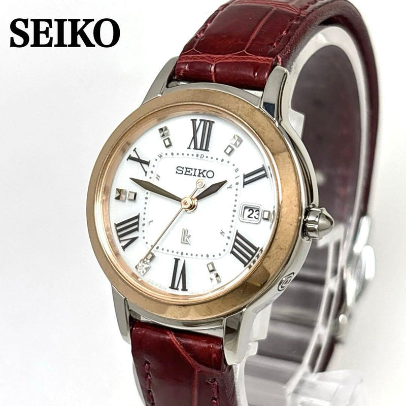 SEIKO LUKIA LK 1B22-0CK0 Watch Solar Quartz 25mm White Leather Gold Diamond