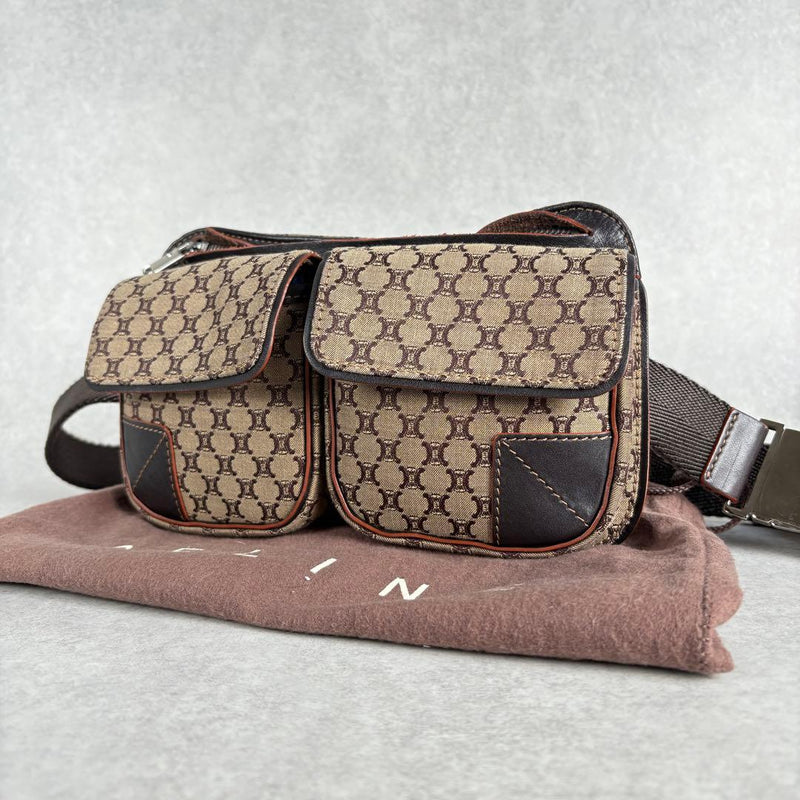 CELINE Macadam Triomphe Crossbody Bag Brown PVC Leather 23x14x2.5cm Adjustable