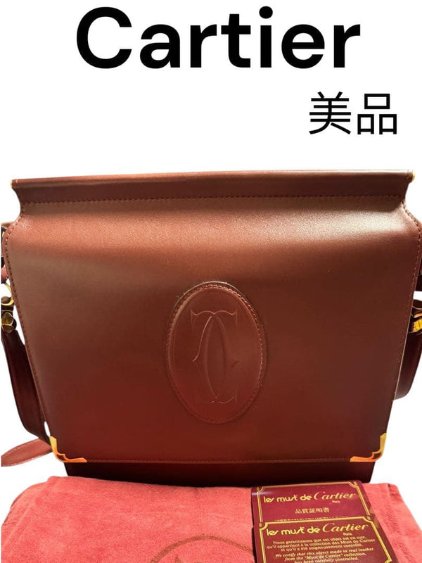 CARTIER Must Line Leather Shoulder Bag Bordeaux Gold Tone Crossbody Magnetic