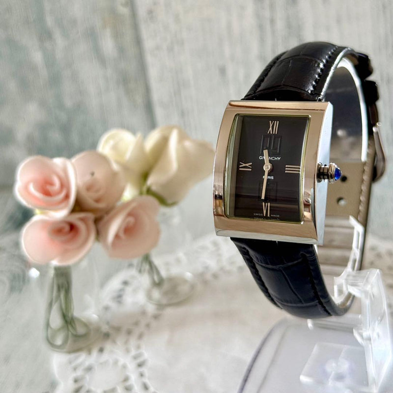 GIVENCHY Square Quartz Analog Watch 23mm Black Dial Silver Tone Unisex