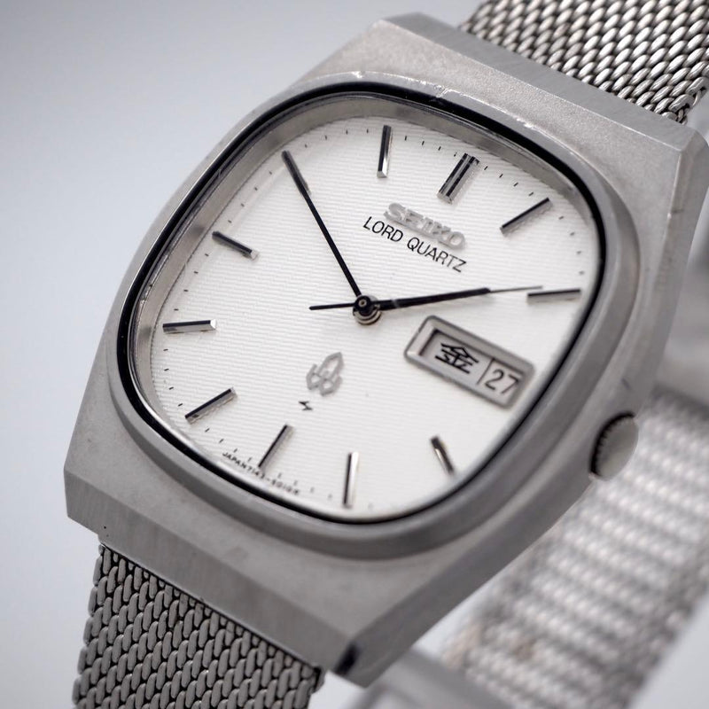 SEIKO Lord Quartz 7143-5010 Day-Date Square White Stripe Silver Mens Watch 36mm