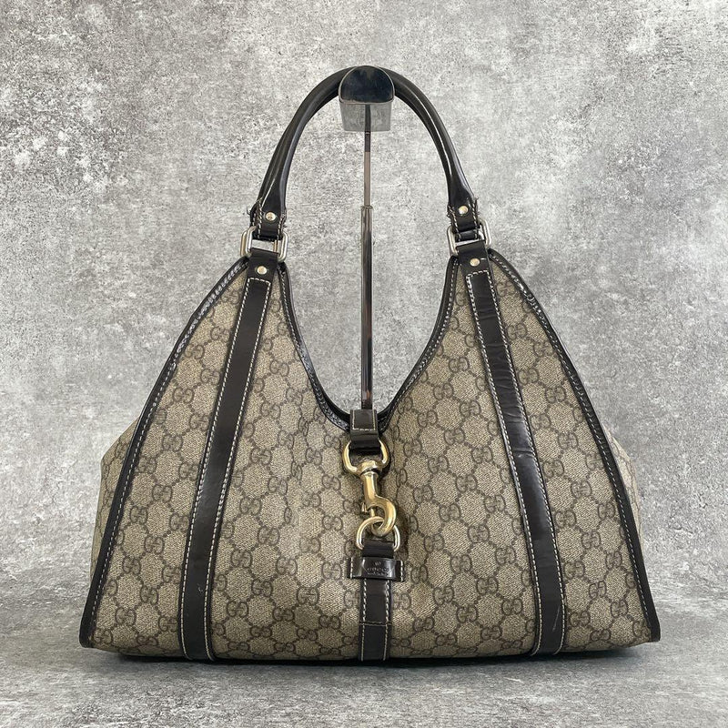 Gucci GG Supreme Jackie 1961 Medium Tote Bag PVC Canvas Leather Beige Brown