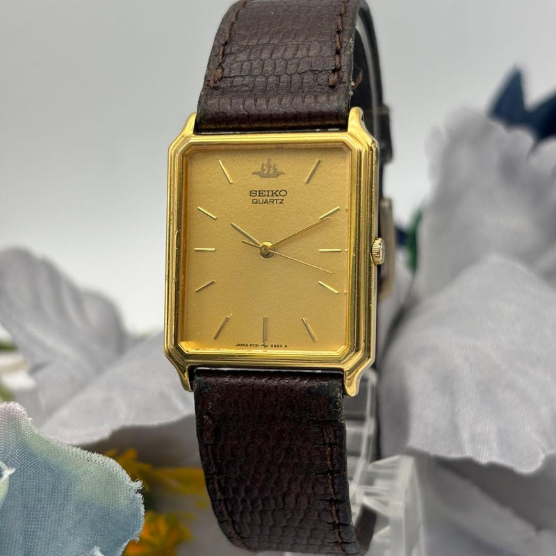 Seiko Quartz Rectangular Gold-Tone 25mm Gold Dial Brown Leather 17.5mm Watch