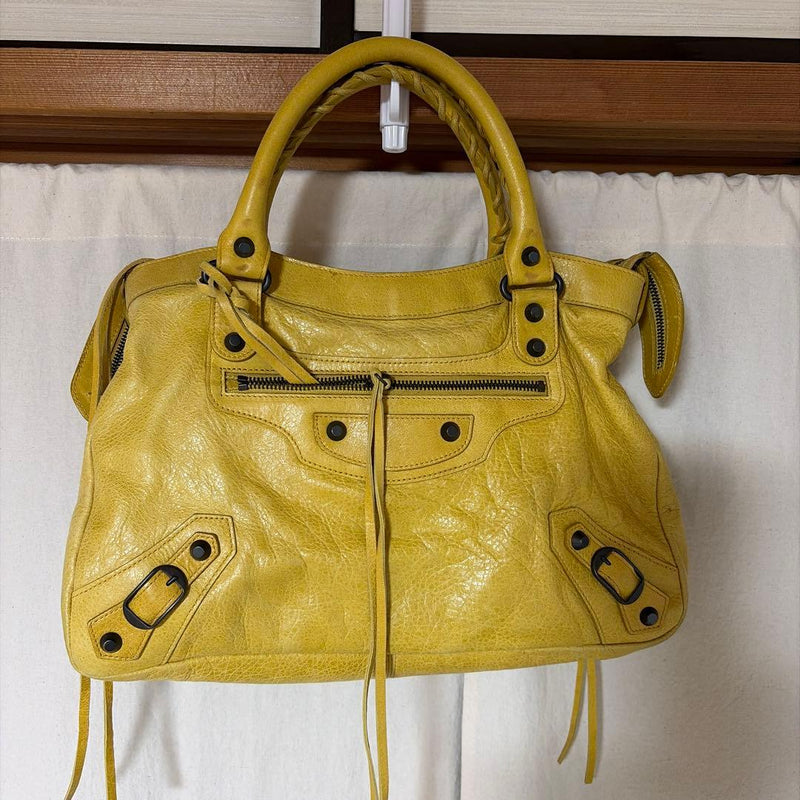 BALENCIAGA THE CITY Leather Editors Bag Mustard Yellow 33cm W 21cm H 7cm D