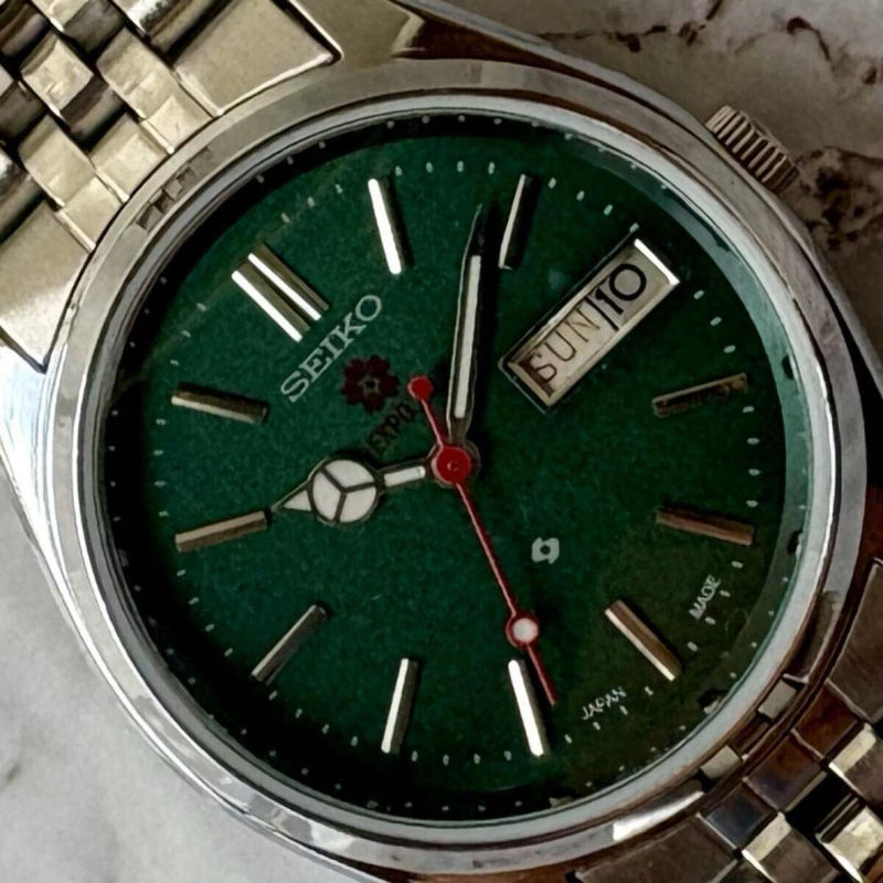 Seiko Day-Date Overhauled Watch 36mm Stainless Steel Green Dial 1970s One-Touch
