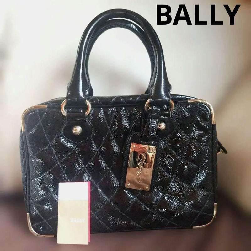 BALLY Handbag Black Quilted Patent Leather 30cm W 21cm H 12cm D Gold Plate