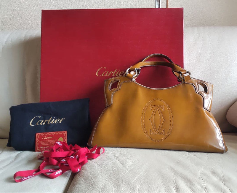 Cartier Marcello Handbag Enamel Camel 15.7in Width Box Dust Bag Ribbon