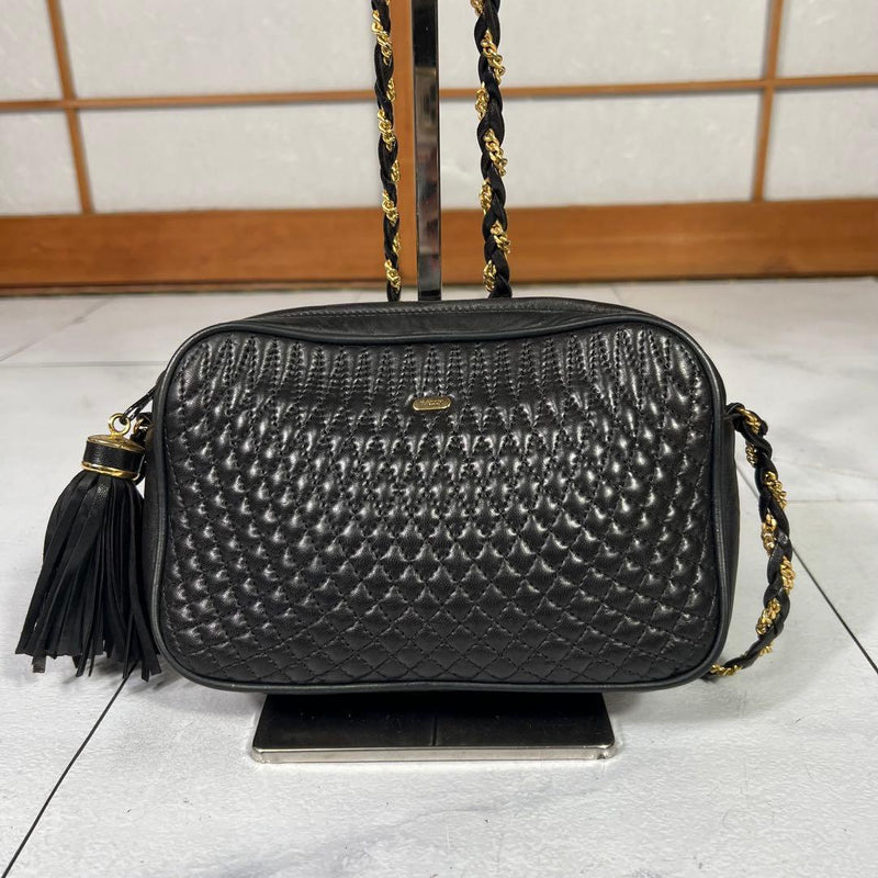BALLY Black Quilted Lambskin Leather Shoulder Bag Gold Chain 8.3x5.3x1.6in