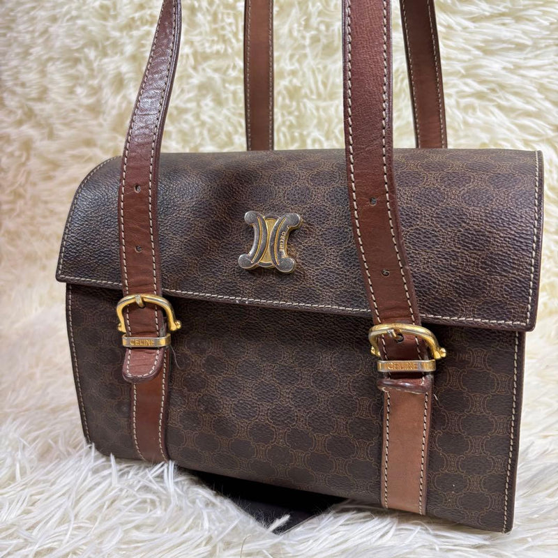 CELINE Macadam Triomphe Old Celine Flap Handbag Brown PVC Leather 18x22x10cm