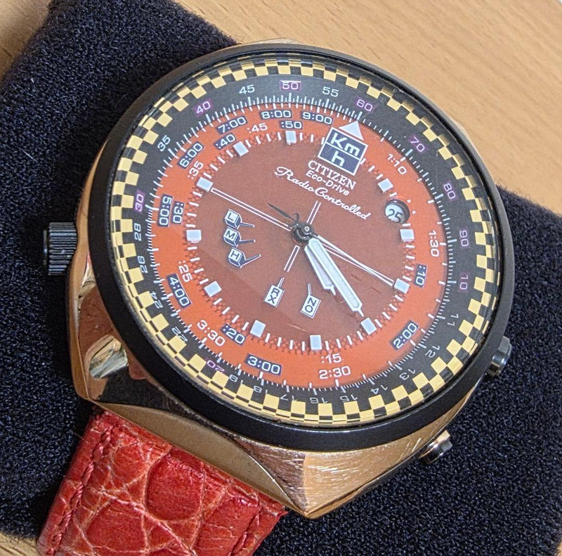 CITIZEN GALILEO H417-S049873 Eco-Drive Radio Watch Orange Dial Checker Bezel