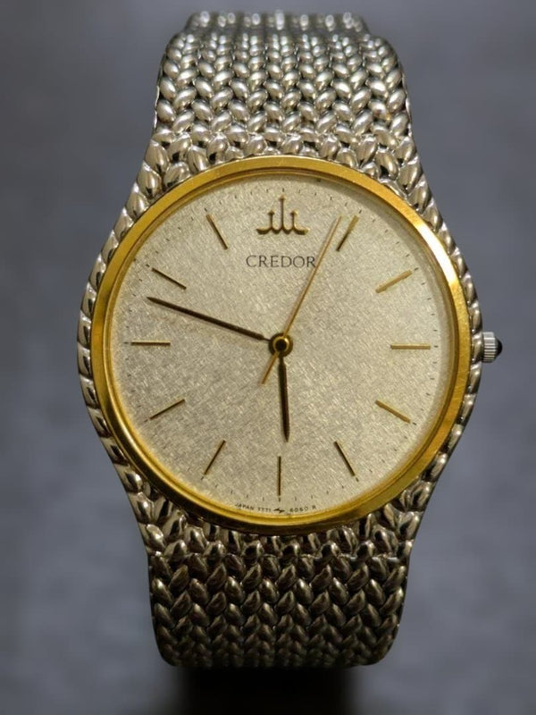 SEIKO CREDOR 7771-6050 32mm Stainless Steel 18KT Gold Bezel Quartz Mens Mesh