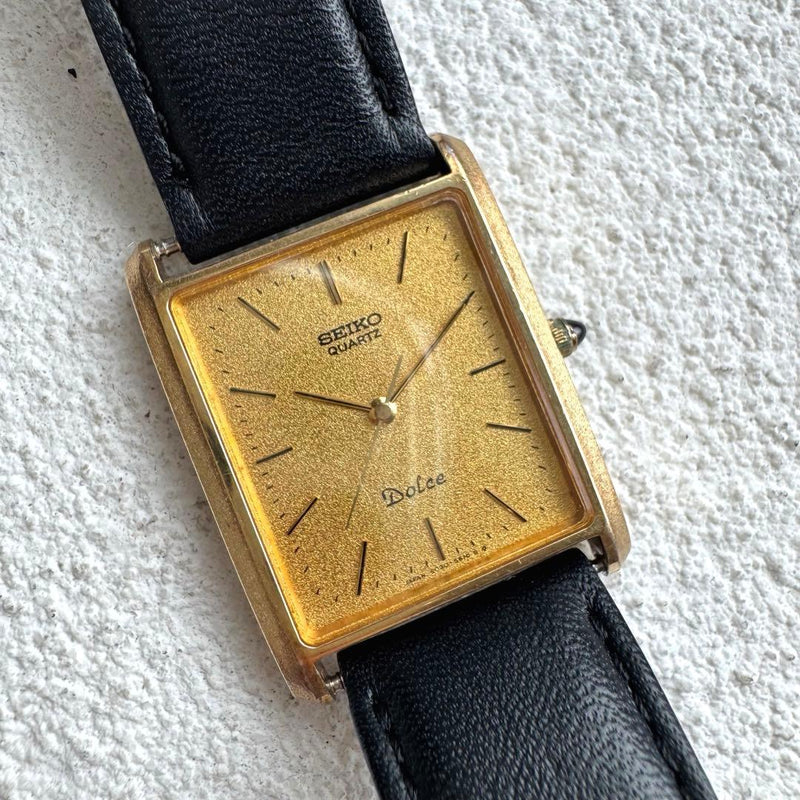 SEIKO DOLCE 6030-5510 Quartz Gold Dial Rectangular Mens Watch Not Working